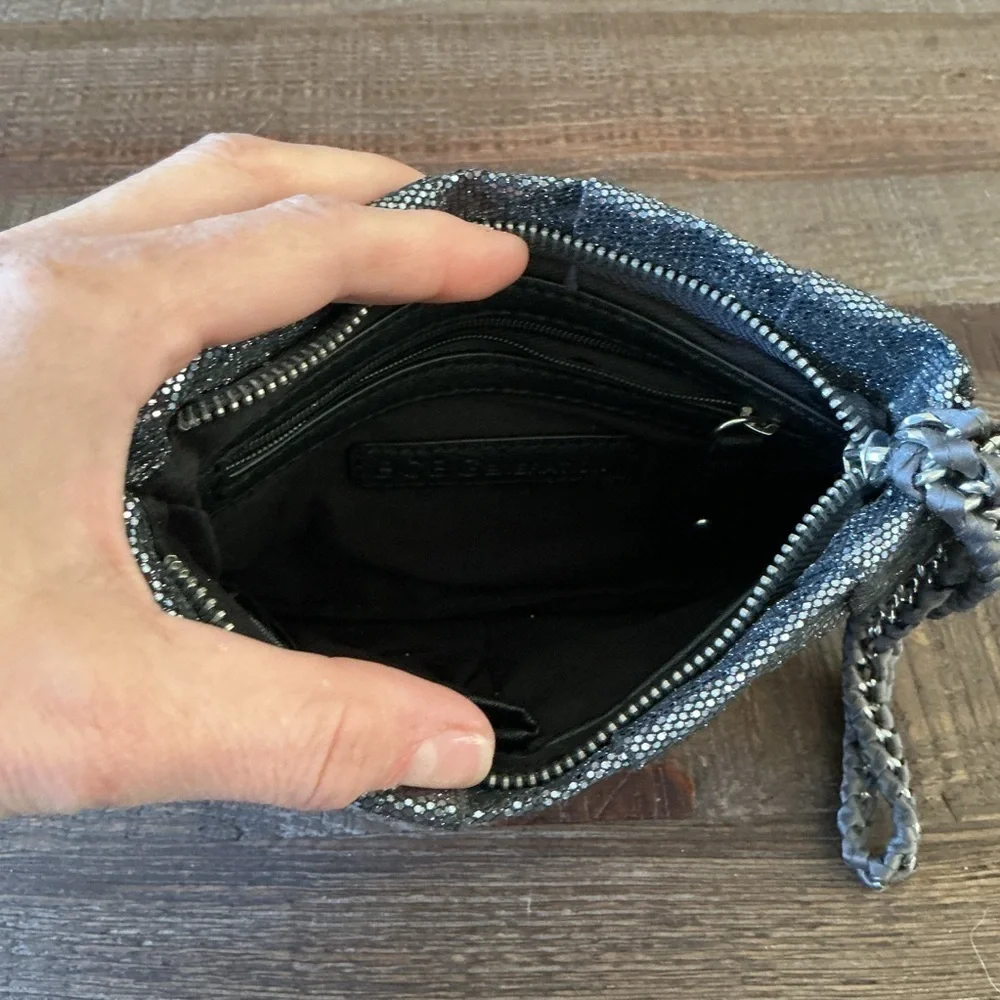 BCBGeneration Women's Silver Blue Glitter Pleated Clutch w/ Wristlet